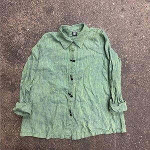 GUMP'S SAN FRANCISCO 100% LINEN Green Shirt Top Jacket Button Cuff Large